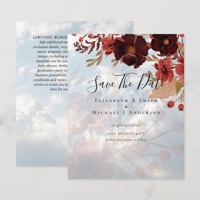 Papier Sublime Bourgogne Floral Mariage SAVE DATES Budget (Devant / Derrière)