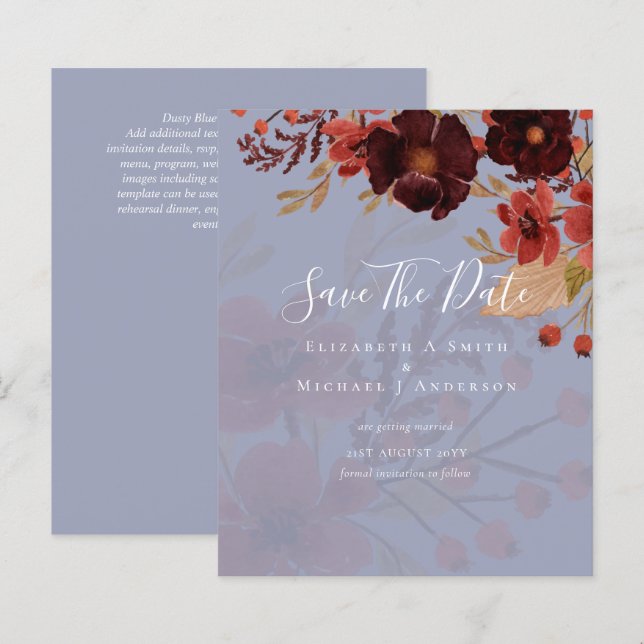 Papier Sublime Bourgogne Floral Mariage SAVE DATES Budget (Devant / Derrière)