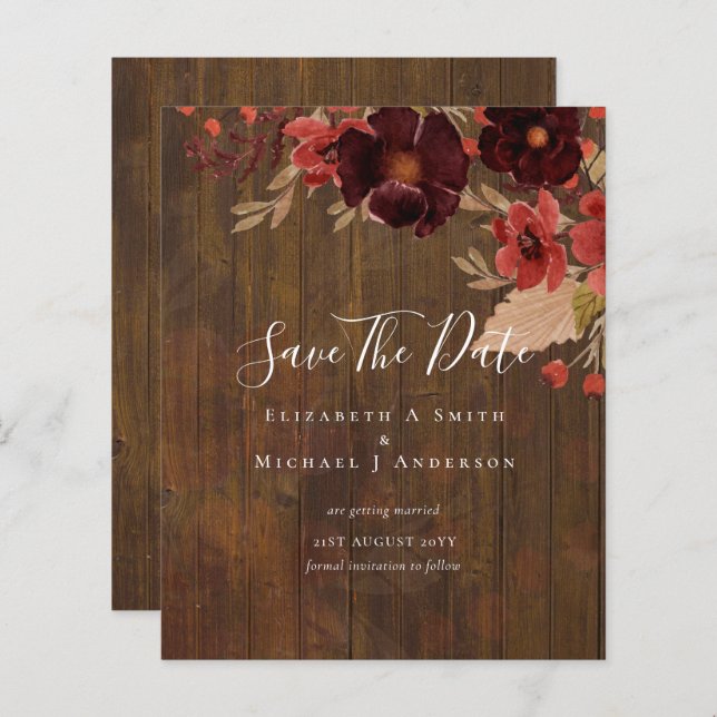 Papier Sublime Bourgogne Floral Mariage SAVE DATES Budget (Devant / Derrière)