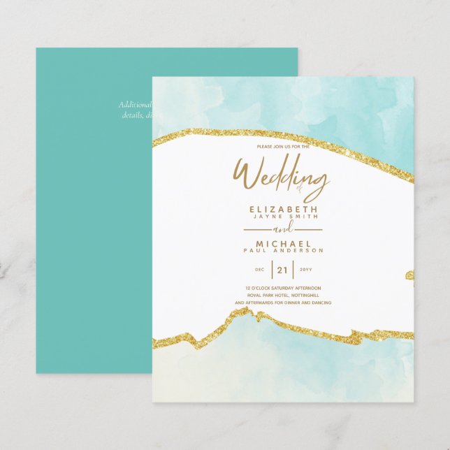 Papier Sublime Ocean Aqua Blue Gold Wedding Invitations (Devant / Derrière)