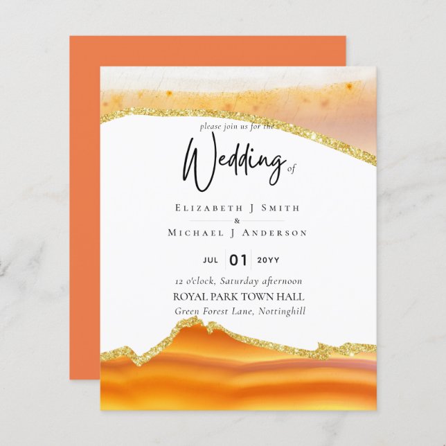 Papier Sublime Orange Gold Agate Wedding INVITE BUDGET (Devant / Derrière)