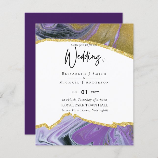 Papier Sublime Purple Or Agate Mariage INVITE BUDGET (Devant / Derrière)