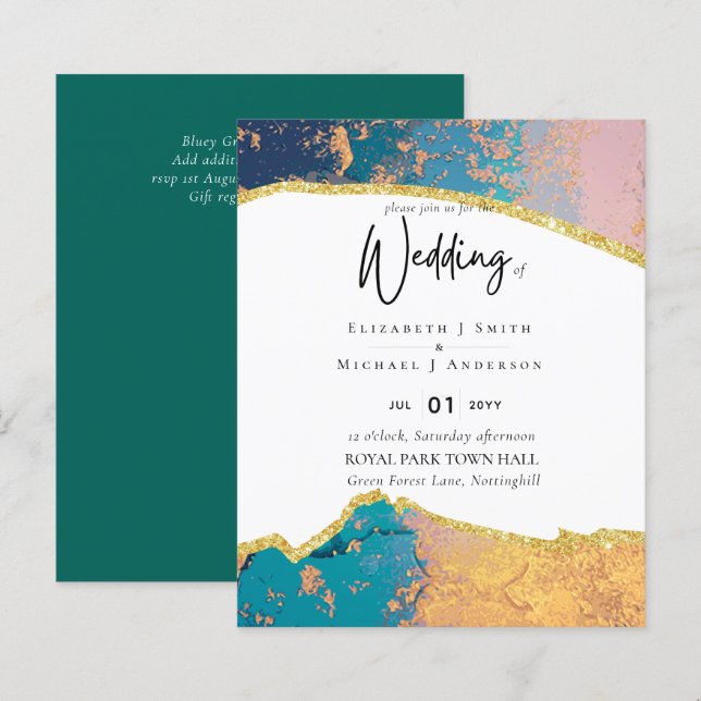 Papier Sublime TURQUOISE OR Agate Style Mariage Invitatio (Devant / Derrière)