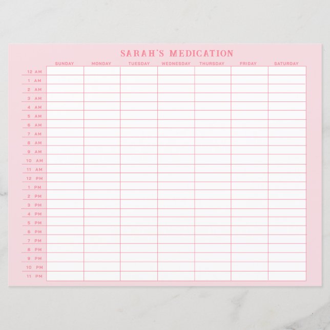Papier Suivi hebdomadaire des médicaments en rose (Devant)