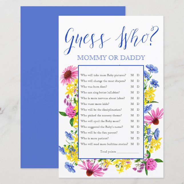 Papier Summer Floral Devine Qui Baby shower Jeu (Devant / Derrière)