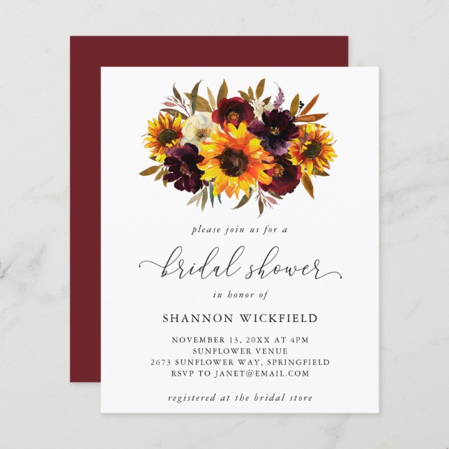 Papier Sunflower Automne Budget Douche nuptiale Invitatio (Devant / Derrière)