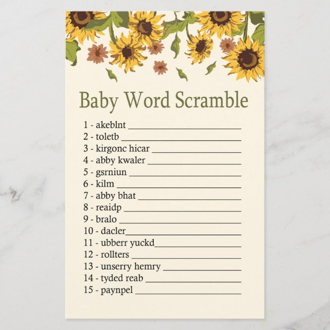 Papier Sunflower Baby jeu de mots scramble (Devant)