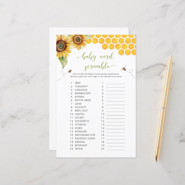 Papier Sunflower Baby Word Scramble Baby shower Jeu (Devant/Arrière en situation)
