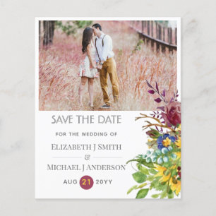 Papier Sunflower Bourgogne Floral SaveDate Mariage Invite