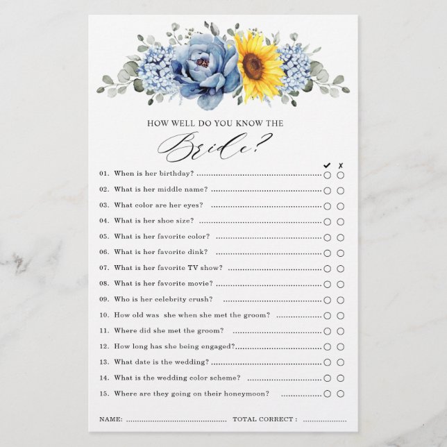 Papier Sunflower Dusty Blue Slate Fête des mariées Jeu (Devant)