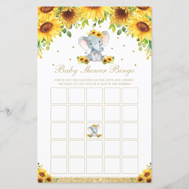 Papier Sunflower Elephant Baby shower Jeu de Bingo (Devant)