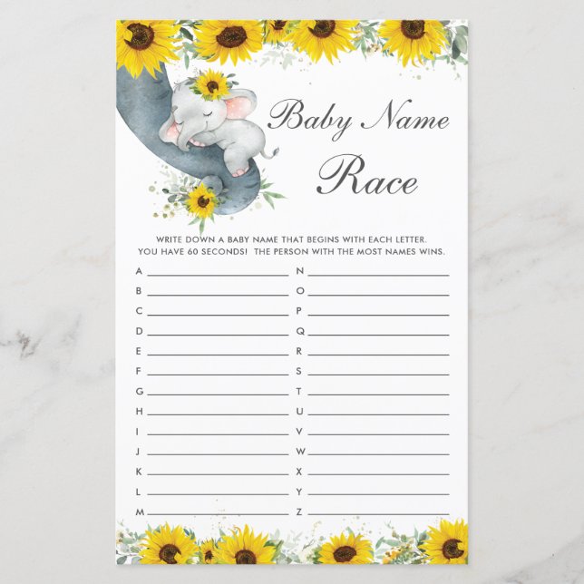 Papier Sunflower Elephant Nom du Baby shower Course Jeu (Devant)