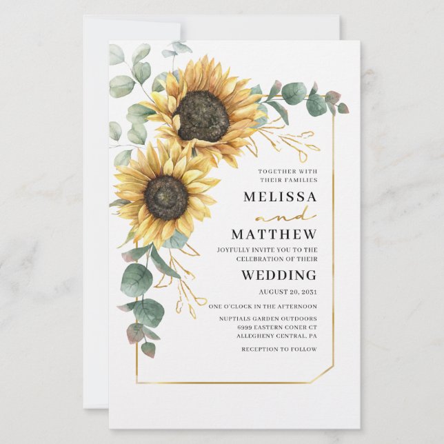 Papier Sunflower Eucalyptus Faire-part de mariage de verd (Devant)