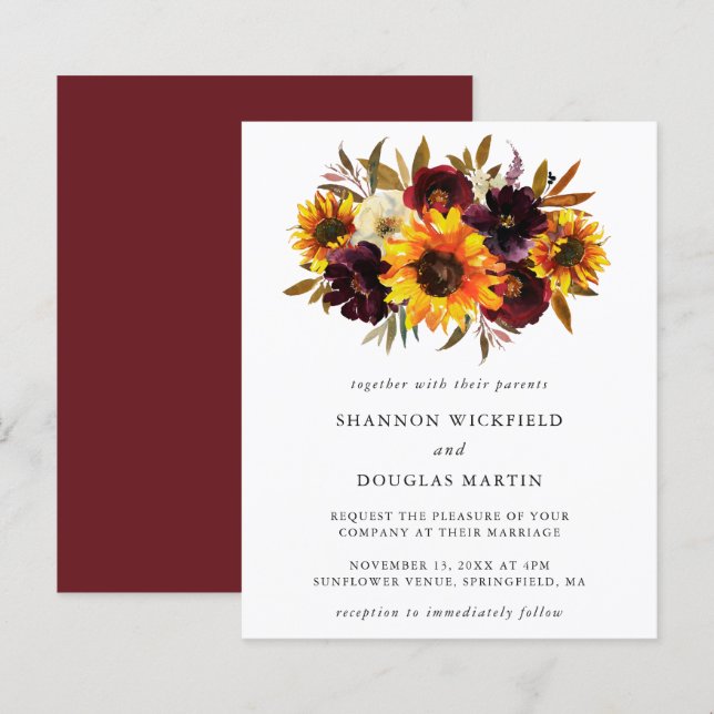 Papier Sunflower Fall Floral Budget Faire-part de mariage (Devant / Derrière)