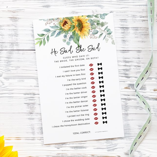Papier Sunflower Il A Dit Qu'Elle A Dit Fête des mariées  (Sunflower He Said She Said Bridal Shower Game)