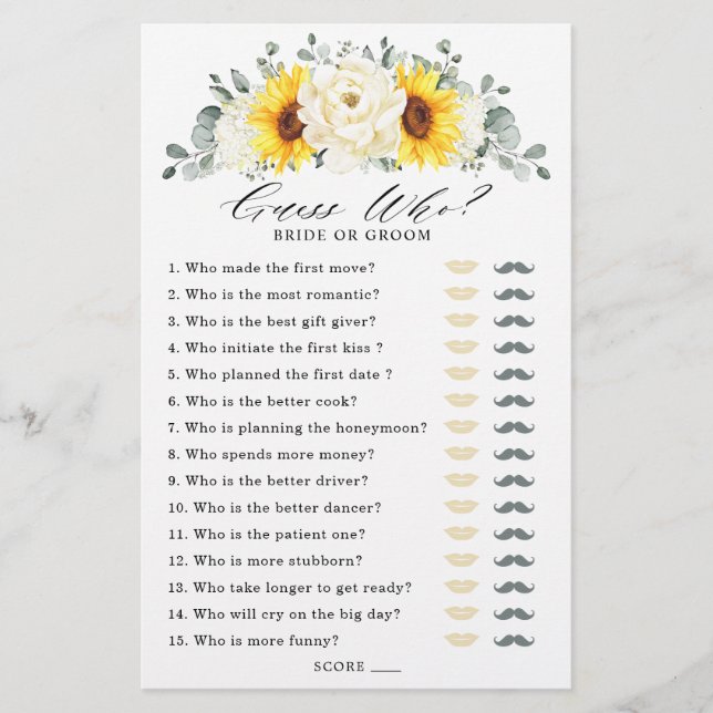 Papier Sunflower Ivory Peony Fête des mariées Devinez Qui (Devant)