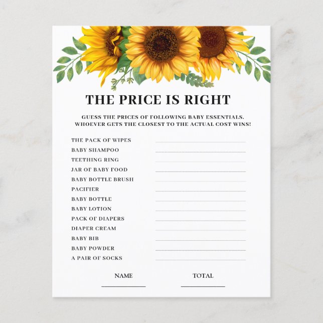 Papier Sunflower Price is Right Baby Shower Game Card  (Devant)