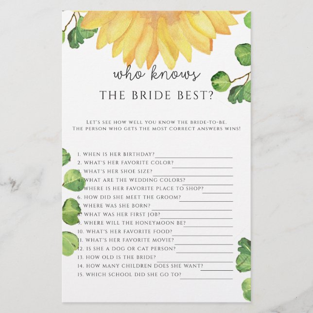 Papier Sunflower Qui connaît la mariée meilleur jeu (Devant)