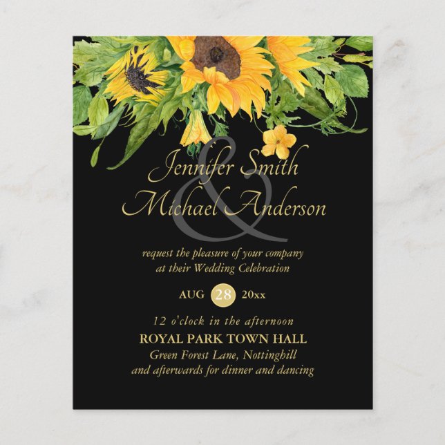 Papier Sunflowers Black Gold Floral Wedding Invitation (Devant)