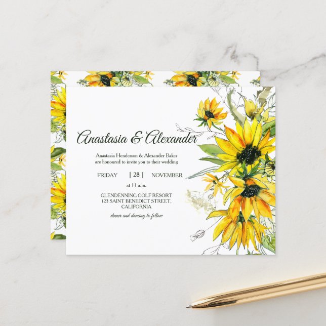 Papier Sunflowers Budget Invitation à la cérémonie mariag (Devant/Arrière en situation)