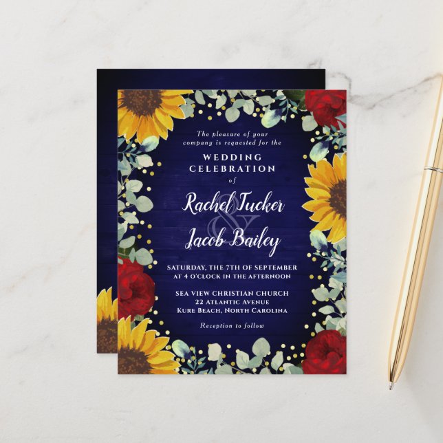 Papier Sunflowers Rose Gold Dots Faire-part de mariage bl (Devant/Arrière en situation)