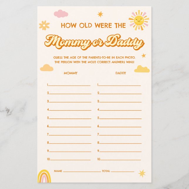 Papier Sunshine Baby shower Devinez qui maman ou papa jeu (Devant)