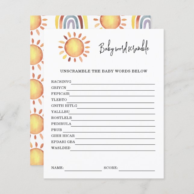 Papier Sunshine Baby Word Scramble | Jeu Baby shower (Devant / Derrière)