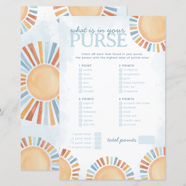 Papier Sunshine What's in Your Purse Baby shower Game (Devant / Derrière)