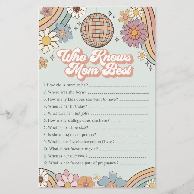 Papier super les années 70 jeu de baby shower qui connaît (Devant)