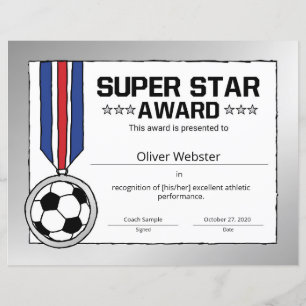Papier Super Star Soccer Player Award Certificat de socce