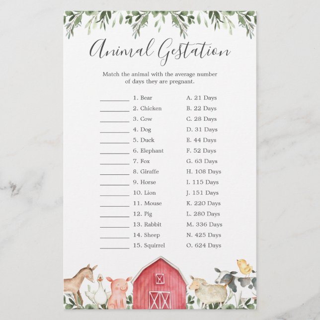 Papier Sur Le Jeu De Gestation Animal Baby shower Agricol (Devant)