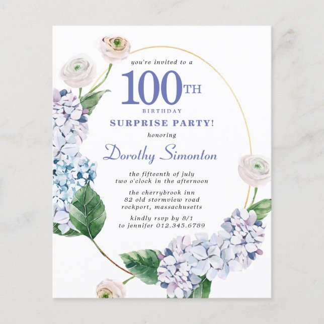 Papier Surprise Party Budget 100e anniversaire Invitation (Devant)