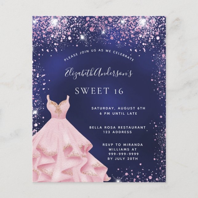 Papier Sweet 16 bleu marine robe rose invitation (Devant)