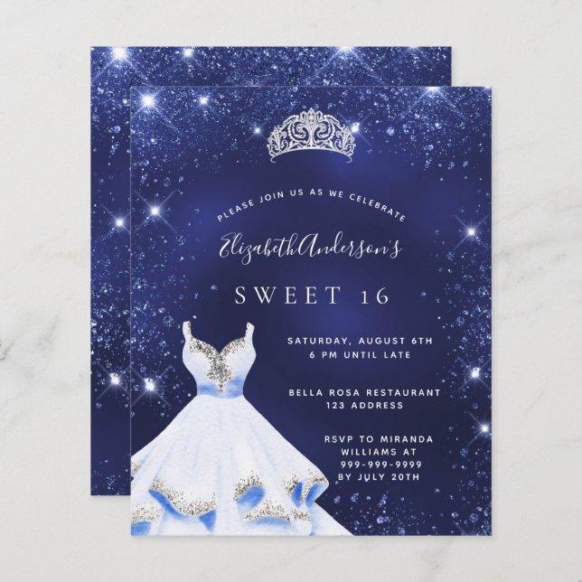 Papier Sweet 16 bleu marine robe tiara invitation (Devant / Derrière)