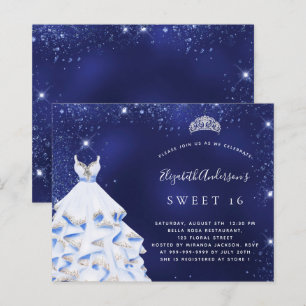 Papier Sweet 16 bleu marine robe tiara invitation budget