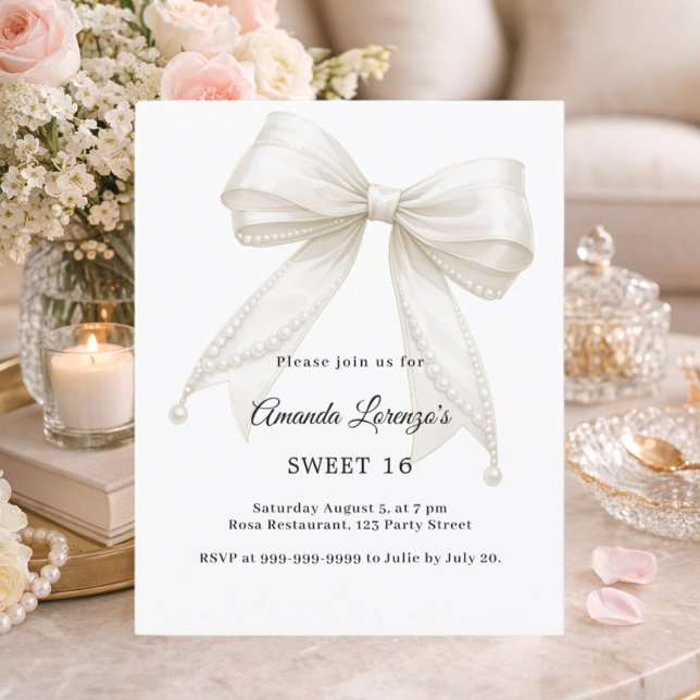 Papier Sweet 16 bow ivory white pearls elegant invitation (Créateur téléchargé)