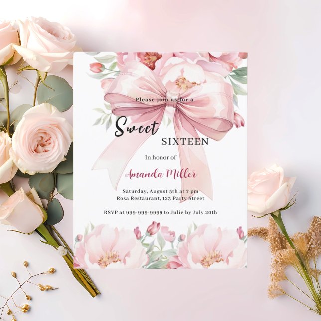 Papier Sweet 16 bow rose watercolor florales invitation (Créateur téléchargé)