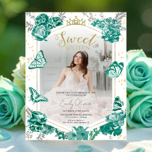 Papier Sweet 16 Budget Photo Invitation Papillon vert