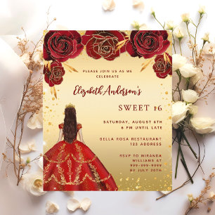 Papier Sweet 16 fleurs de robe rouge or invitations