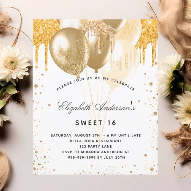 Papier Sweet 16 invitation ballons d'or blanc doux (Créateur téléchargé)