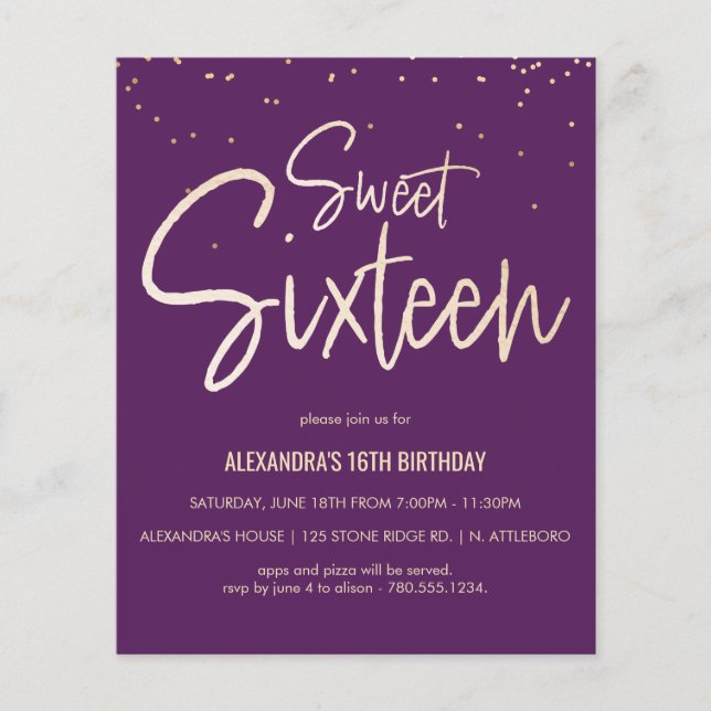 Papier Sweet 16 Or, Élégant, Invitation simple (Devant)