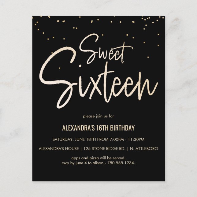 Papier Sweet 16 Or, Élégant, Invitation simple (Devant)