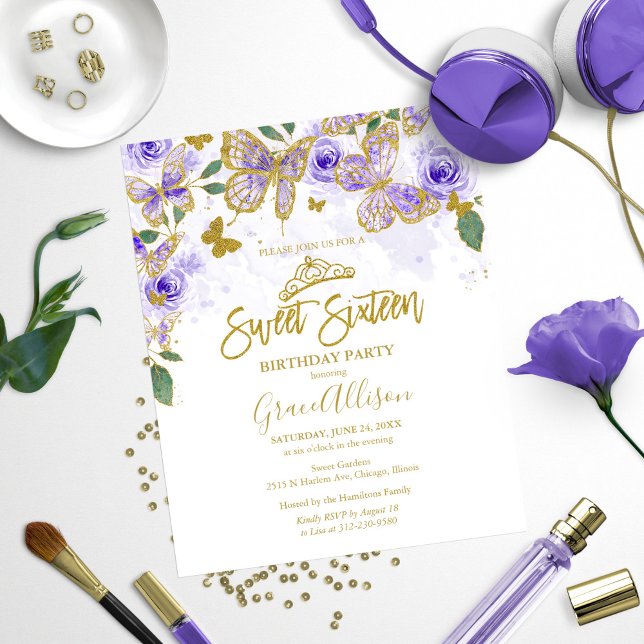 Papier Sweet 16 Purple Papillon Budget Invitation (Créateur téléchargé)