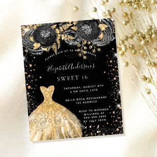 Papier Sweet 16 robe d'or noir à budget floral invitation