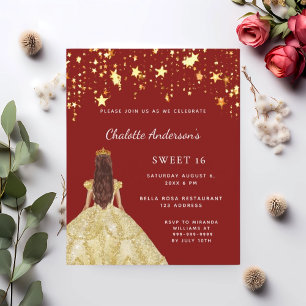 Papier Sweet 16 robe rouge or étoiles invitation