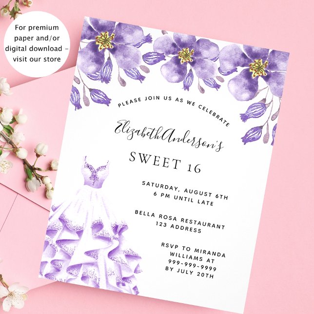 Papier Sweet 16 robe violet robe à budget floral invitati (Créateur téléchargé)