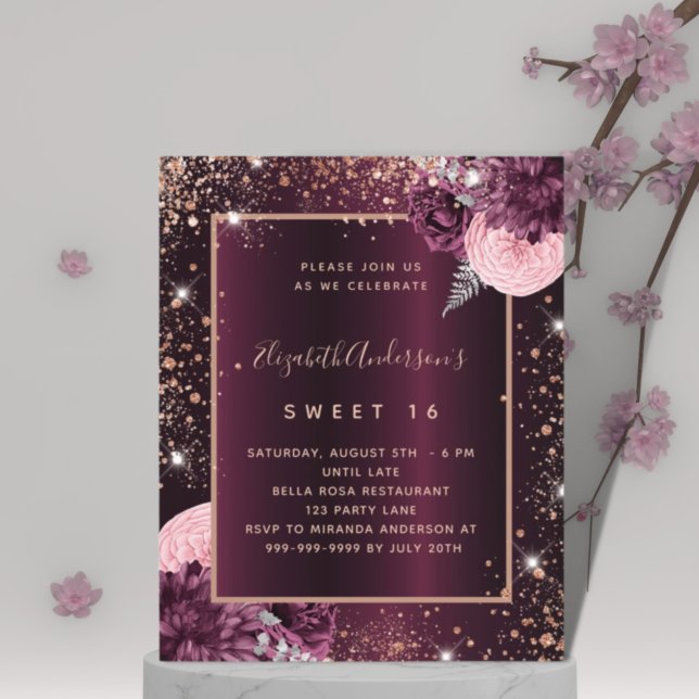 Papier Sweet 16 rose bordeaux invitation florale or  (Créateur téléchargé)