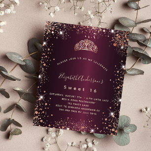 Papier Sweet 16 rose bordeaux or tiara invitation