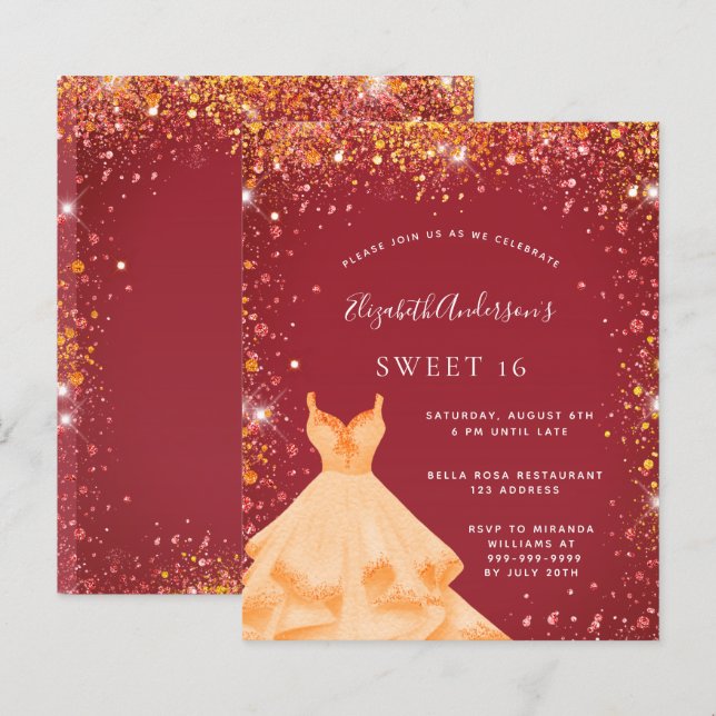 Papier Sweet 16 rouge or parties scintillant robe invitat (Devant / Derrière)