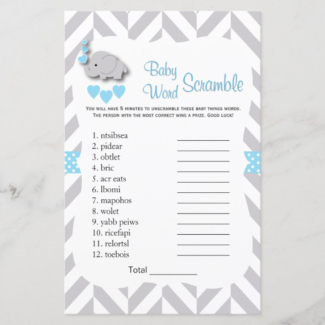 Papier Sweet Blue & Grey Elephant Baby shower - Jeu de mo (Devant)